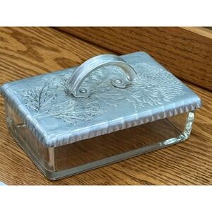 1940s Martinsville Glass Cigarette Box With Metal Lid Hand Stamped Floral Design